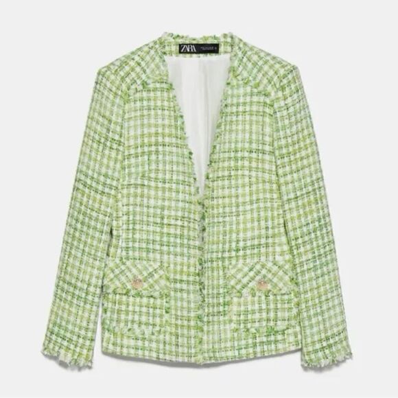 NWT Zara Tweed Blazer Green White Cotton blogger favourite Small - Picture 1 of 12